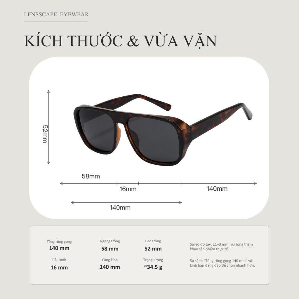 LENSSCAPE-Kính mát phân cực dáng vuông bản lớn UV400 phong cách retro thời trang