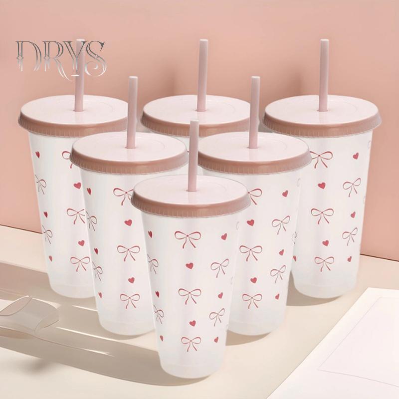 (TFT) Bình Nước Kawaii Cốc Thẩm Mỹ Cho Đá Cà Phê Nước ép Trà Nơ Dễ Thương Cốc Nhựa Có Nắp Ống Hút Chai Uống Di Động MỚI