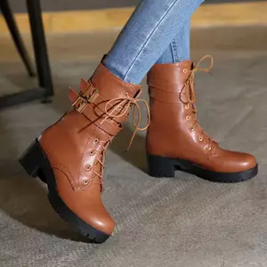 VNTMLH34-43 Kích Thước Lớn Gót Dày Ngón Chân Tròn Thời Trang Preppy Phong Cách Martin Giày Bốt Ngắn Ren Dây Đeo Bằng Dây Lưng Xe Máy Giày Ngắn