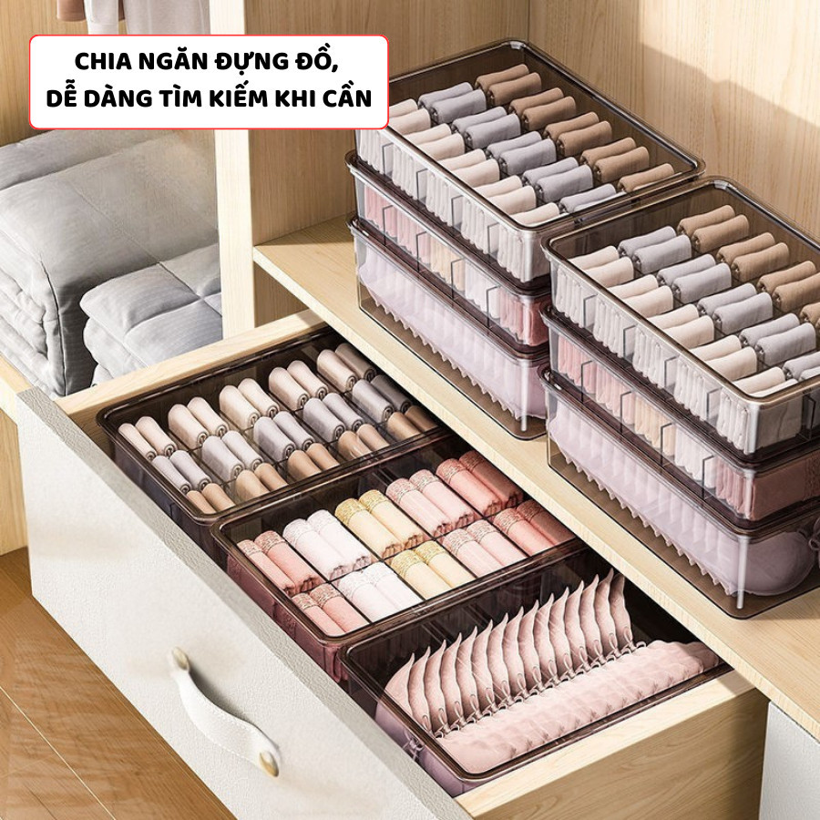 Hộp Trong Suốt Có Nắp Đựng Đồ Lót ENODA HOME, Hộp Nhựa Chia Ngăn Đựng Tất Vớ, Quần Áo Lót P800