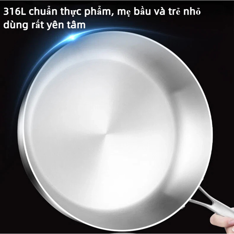 Chảo Inox 316L 7 Lớp Nguyên Khối, Chống Dính Tự Nhiên Không Lớp Phủ, Dùng Mọi Bếp, Dễ Vệ Sinh