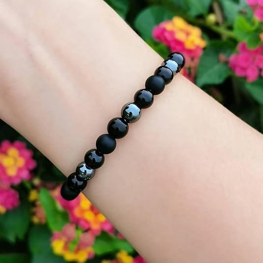 Vòng tay Onyx Tourmaline màu đen Bảo vệ ba vòng tay pha lê chữa bệnh Obsidian Hematite Vòng tay dành cho nam và nữ
