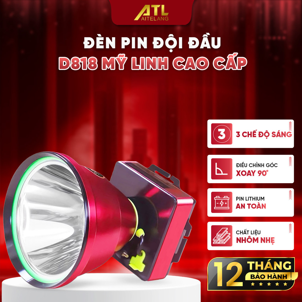 Đèn pin đội đầu siêu sáng Mỹ Linh, đèn pin D818 chống nước, vỏ hợp kim nhôm, 3 chế độ sáng