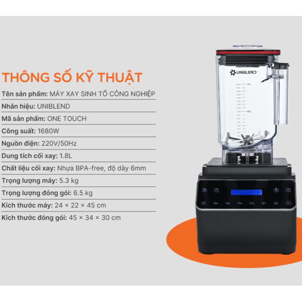 Máy Xay Sinh Tố Công Nghiệp Uniblend One Touch 1680W Động Cơ Mạnh Mẽ Bền Bỉ, Dễ Dàng Sử Dụng (Có BH)