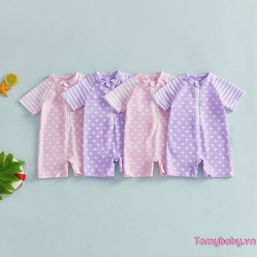 Đồ bơi bé gái mới biết đi Mùa hè tay ngắn cổ tròn chấm sọc in dây kéo phía trước Đồ bơi dễ thương