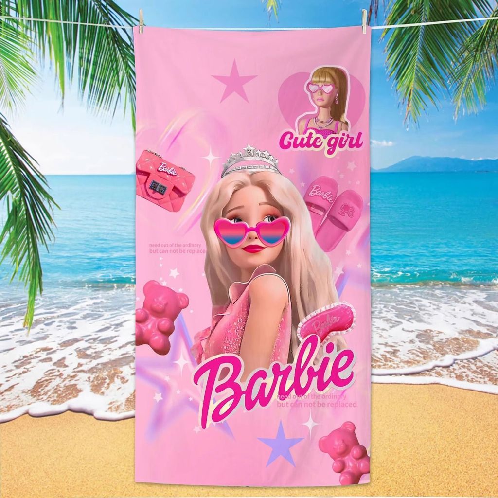 Khăn đi biển Microfiber họa tiết Barbie dễ thương cho bé gái, màu hồng