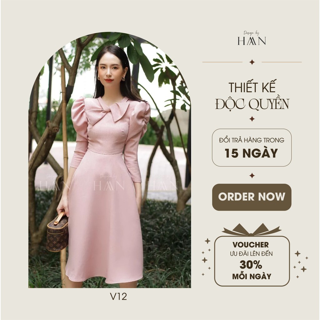 Váy công sở dài tay dáng dài HAAN DESIGN nơ cổ dáng xòe chất liệu đũi 2 lớp mềm mại không nhăn ( V12)