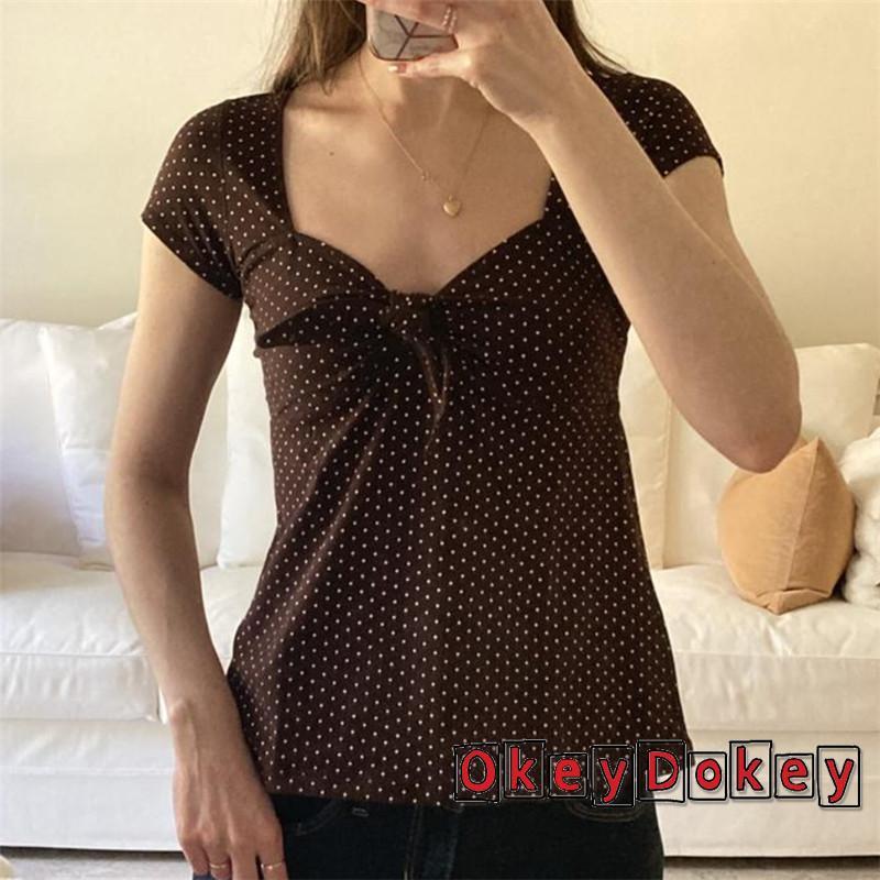 Áo sơ mi babydoll peplum cổ chữ V, họa tiết gingham, nút thắt trước, xu hướng Y2K