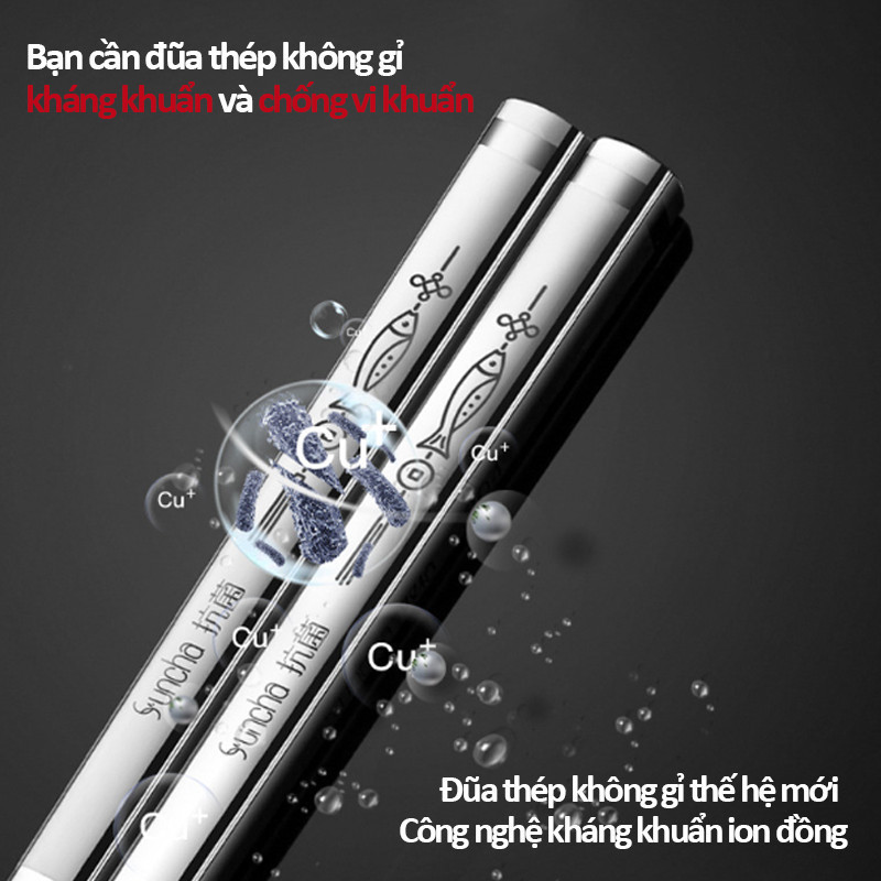Set 10 Đôi Đũa Inox 316 Cao Cấp - Thiết Kế Vân Khắc Sang Trọng, Cán Chống Trượt An Toàn, Đũa Ăn Cơm Bền Bỉ