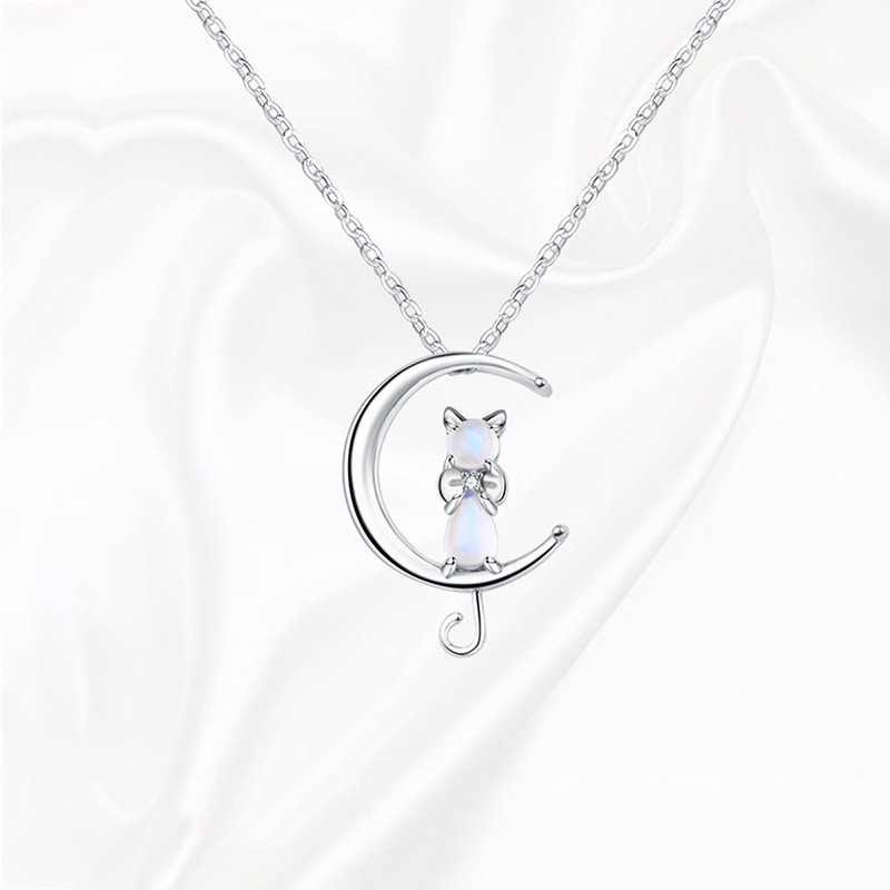 Mặt dây chuyền hình mèo moonstone, vòng cổ bạc sterling