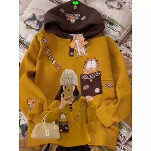 Áo nỉ có mũ trùm đầu lông cừu thêu Retro Garfield dày dặn Laz