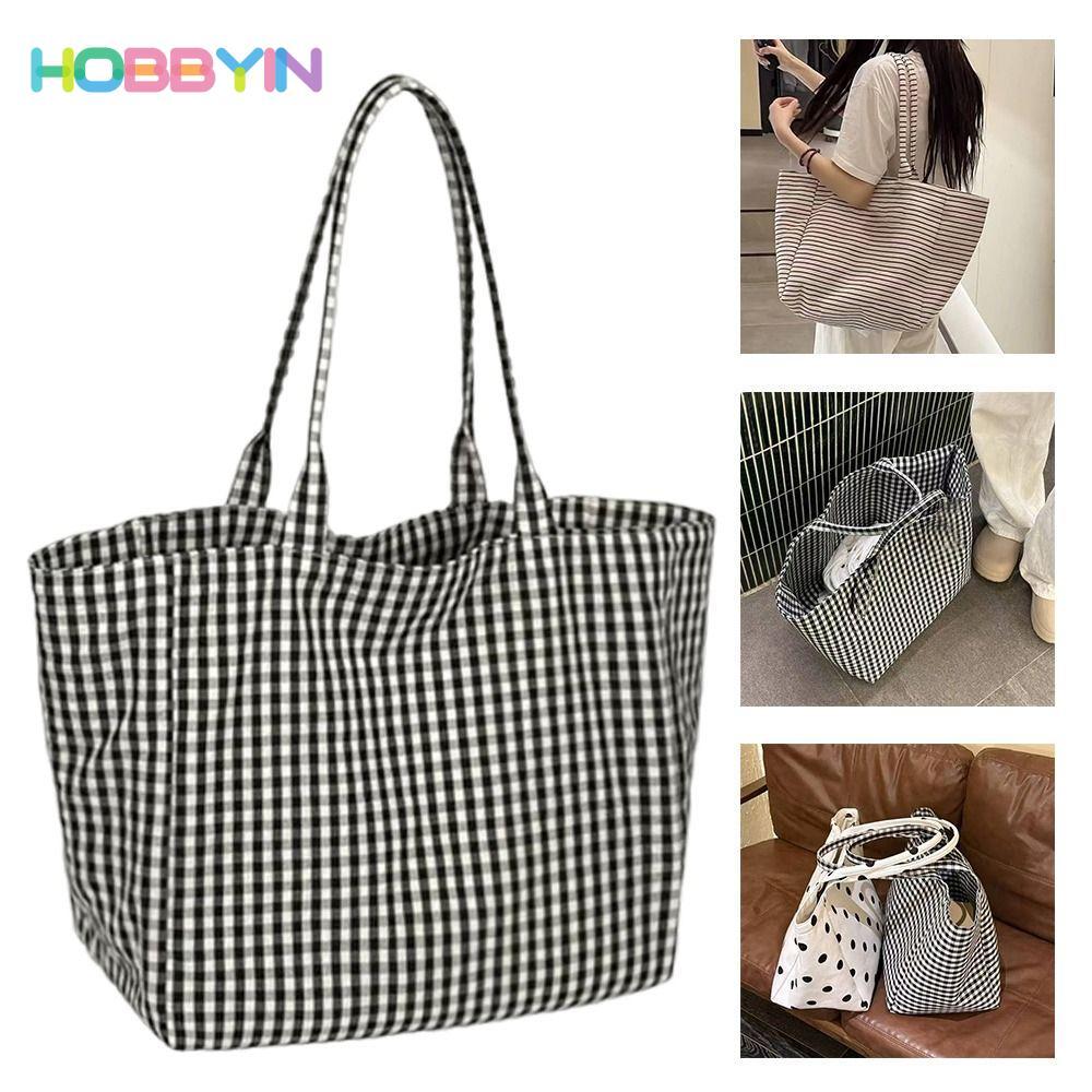 HOBBYIN Túi tote vải HOBBYIN, Chất liệu vải Túi chấm bi in chấm bi, đến kiểm tra in sọc dung tích lớn In tote dung tích lớn Sử dụng hàng ngày