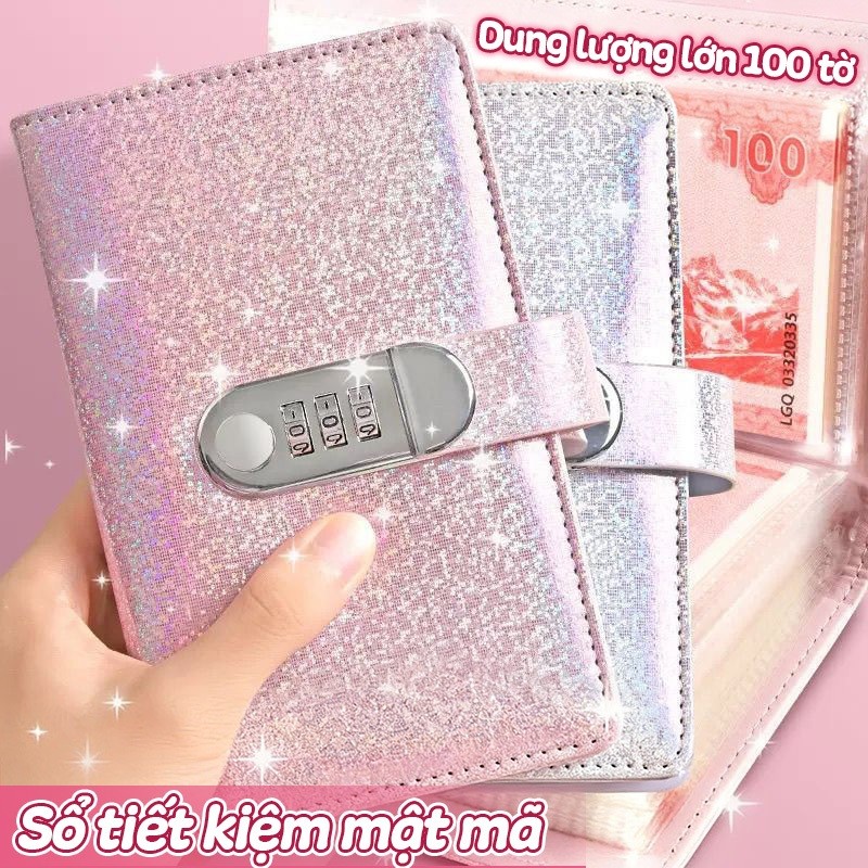 Sổ tiết kiệm 100 ngày lấp lánh có khóa mật mã - Sổ quản lý chi tiêu nhiều ngăn túi zip tiện lợi