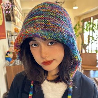 Mũ bò nữ cầu vồng sọc đan, có móc bảo vệ tai, phù hợp mùa đông