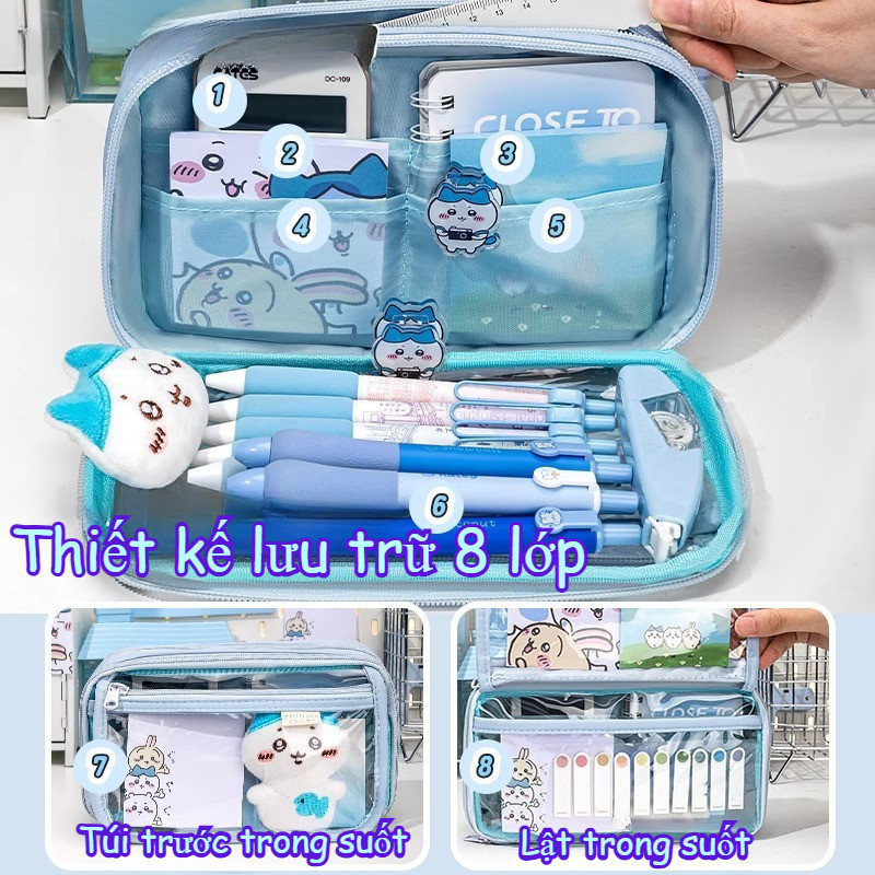 Túi bút Chikawa hoạt hình dễ thương–Thiết kế trong suốt, Đầy Đủ Phụ Kiện,dễ thương cho trường học & văn phòng