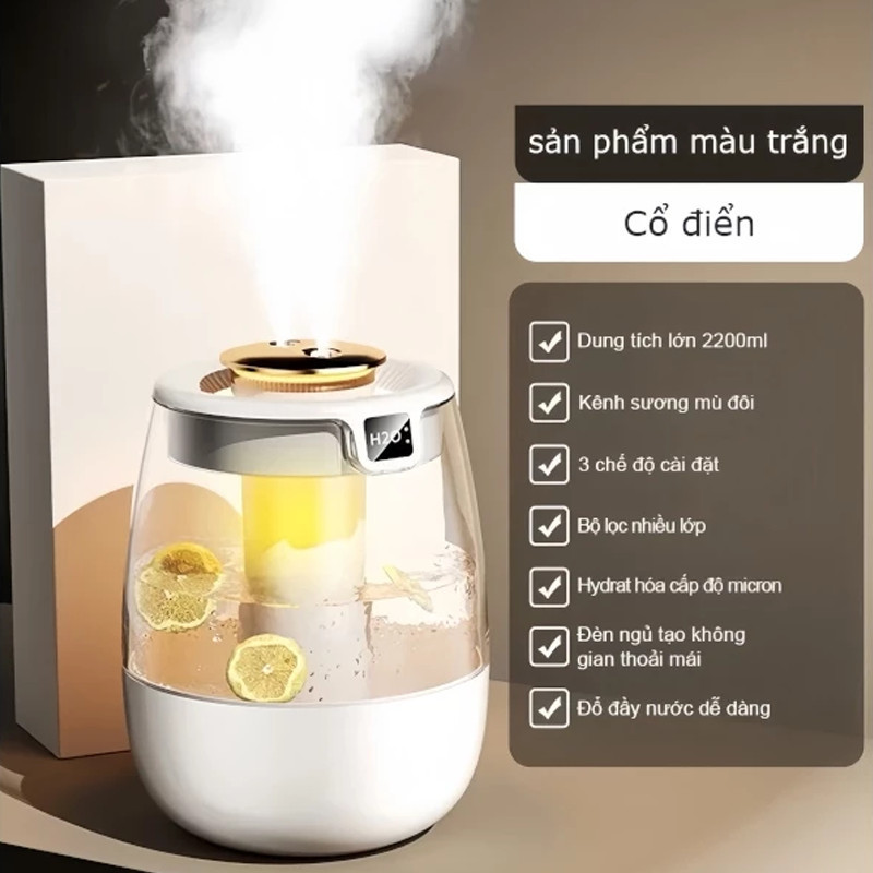 Máy Tạo Ẩm Phun Kép - Màn Hình Số Hiển Thị Độ Ẩm, Sương Nano Siêu Nhỏ - Chạy Siêu êm