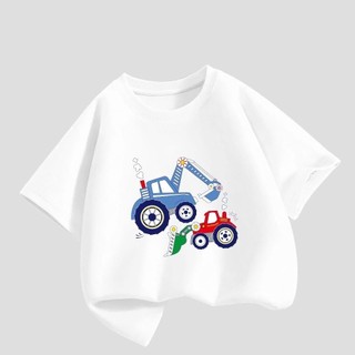 Áo thun cổ tròn thời trang, thoải mái và đa năng dành cho bé trai, in hình xe tải dễ thương ở một bên.