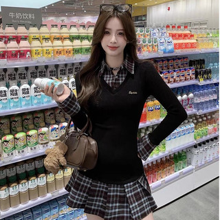 Đầm nữ cổ bẻ phối caro tay dài eo cao xếp ly chữ A ngắn phong cách học sinh Closet Diary
