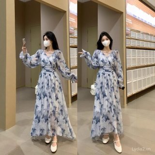<![Giảm giá 10% trong thời gian có hạn] Váy dài plus size màu xanh in hình bướm, cổ và tay chữ V, phù hợp ngày lễ