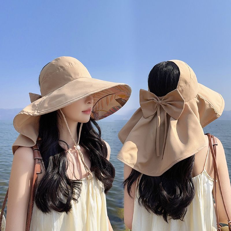 Mũ chống nắng nữ với vành lớn và khăn choàng, thiết kế thời trang có nơ, phù hợp mùa hè