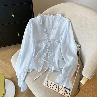 Voan Rời Cardigan Ngọt Ngào Chống Nắng Áo Sơ Mi Ren-Up Nơ Hàng Ngày Màu Trơn Nữ Mùa Hè Mỏng Nhỏ Phối Ren Hàng Đầu