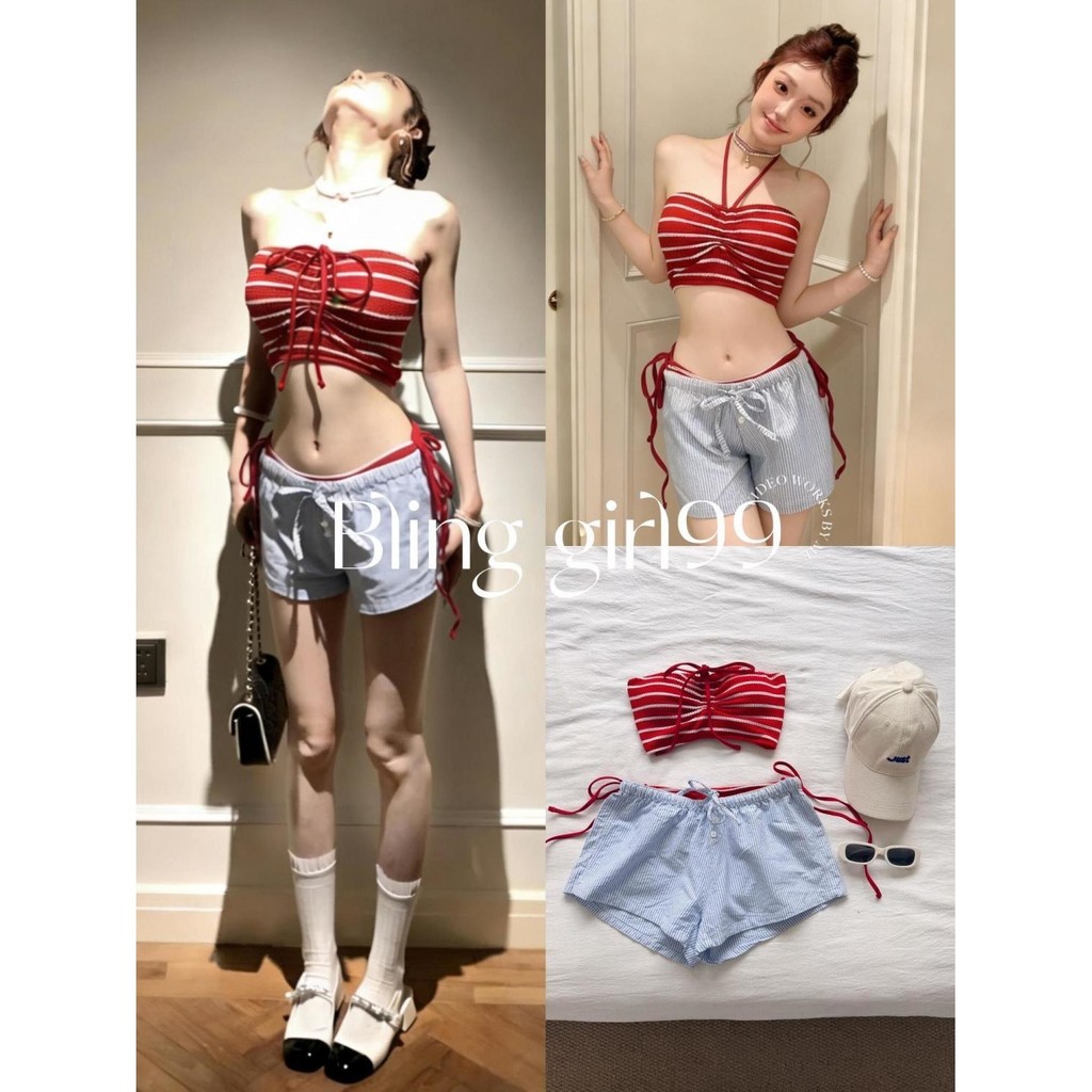 Bikini ba mảnh sọc đỏ retro cao cấp, phù hợp mùa xuân