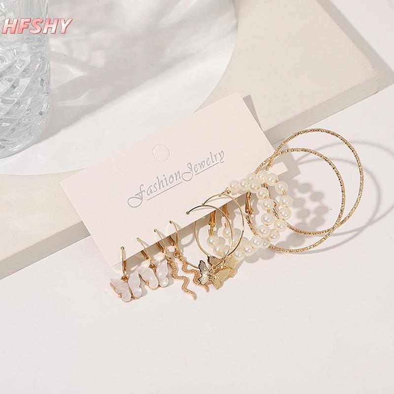 HFSHY 5 Cặp Bông Tai Tròn Màu Bạc với Ngọc Trai Phù Hợp Cho Bé Gái và Người Lớn