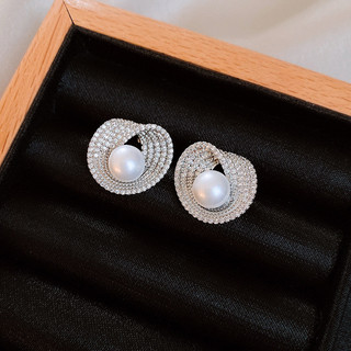 Bông tai ngọc trai tròn màu bạc với đá zircon, phong cách châu Âu và Hàn Quốc