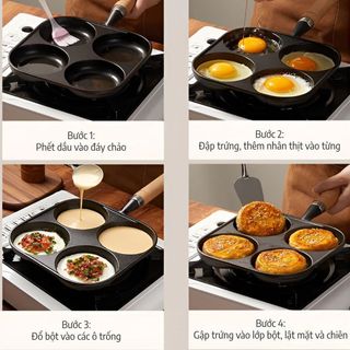 Chảo làm bánh khọt chiên trứng 4 ngăn tay cầm gỗ Chảo 4 ngăn،Chảo Gang Chống Dính