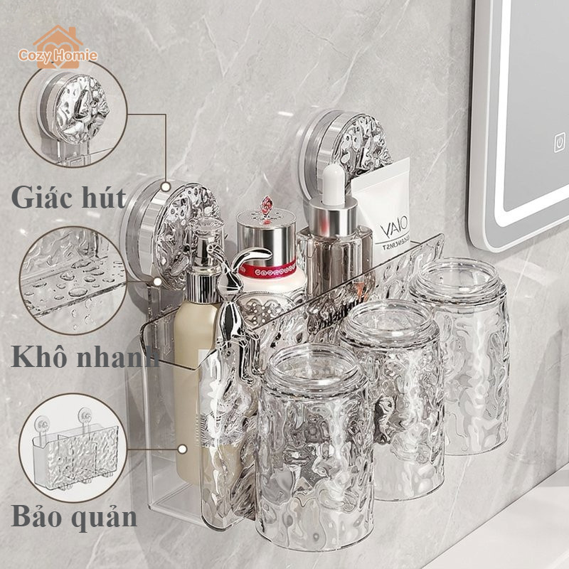 Kệ đựng bàn chải cốc đánh răng hút chân không không khoan tường tiết kiệm không gian phòng tắm