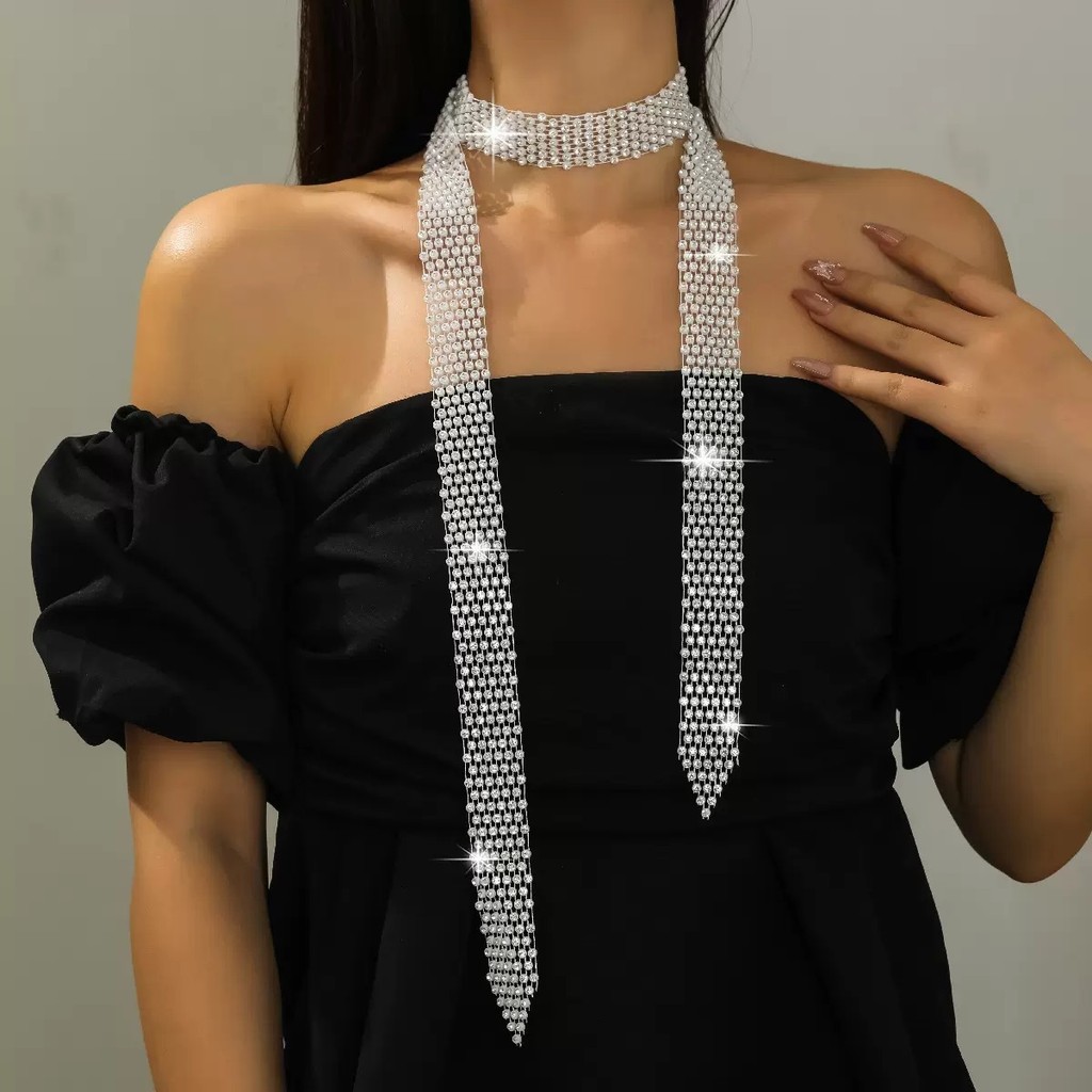 Phụ kiện thời trang châu Âu và Mỹ - Cà vạt lưới kim cương giả 130cm, phù hợp cho hộp đêm