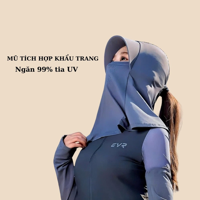 Mũ Chống Nắng Trùm Đầu Tích Hợp Mặt Nạ Khẩu Trang Lụa Băng Lạnh Che Cổ Thoáng Khí Chống Tia UV MN1