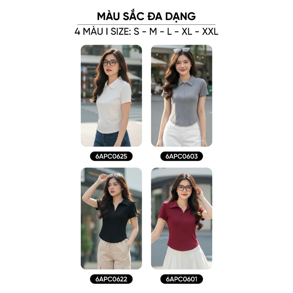 Áo thun nữ CARDINA chất cotton Zip tay cộc cổ Đức khóa lệ basic dễ mặc 6APC06