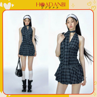Đầm cổ yếm hở lưng chun nhún eo dáng bí phồng họa tiết caro trendy, Váy cổ yếm buộc nơ siêu xinh
