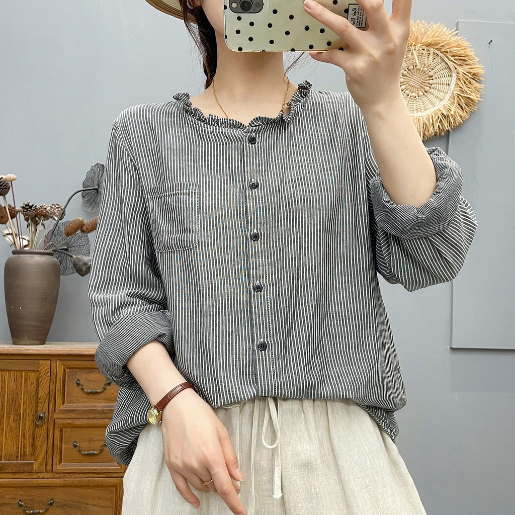 [Hàng có sẵn] Áo sơ mi nữ dài tay họa tiết sọc, chất liệu cotton, thiết kế cổ điển thoải mái