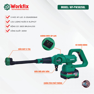 Máy Rửa Xe Không Dây WORKFIX WF-PW3825BL, 3 Mức Chỉnh Tốc Đô - Không Chổi Than