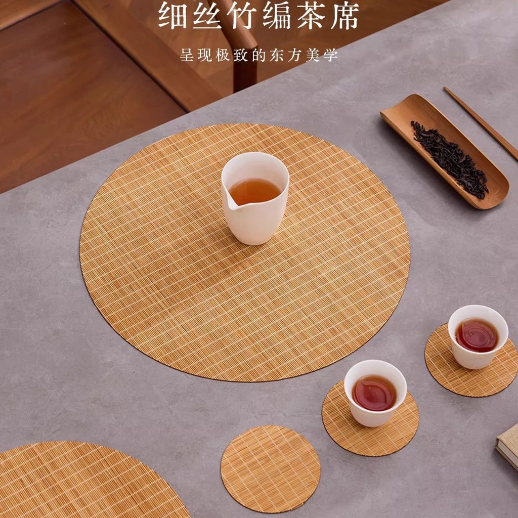 Thảm Trà Tre Tròn Phong Cách Thiền Zen Lót Ly Mây Tre Đan Trang Trí Bàn Trà Wabisabi Tấm Lót Chống Bẩn Cao Cấp Dễ Dàng Vệ Sinh
