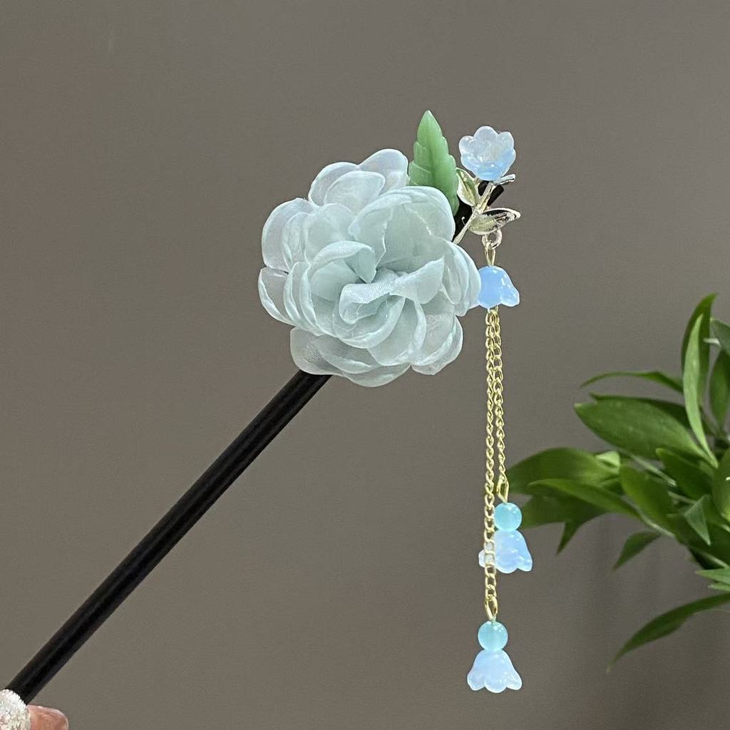 Kẹp Tóc Bằng Gỗ Cổ Lụa Hoa Camellia - Phong Cách Hanfu - Phụ Kiện Tóc Nữ