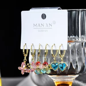 Mặt Dây Chuyền và Bông Tai Zircon Hình Bướm & Trái Tim, Nhiều Màu Sắc Phong Cách Châu Âu