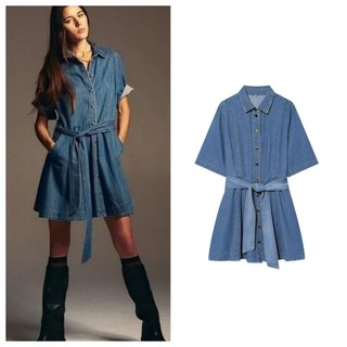 Váy Denim chữ A ngắn tay có ve áo mùa xuân Z 1323181