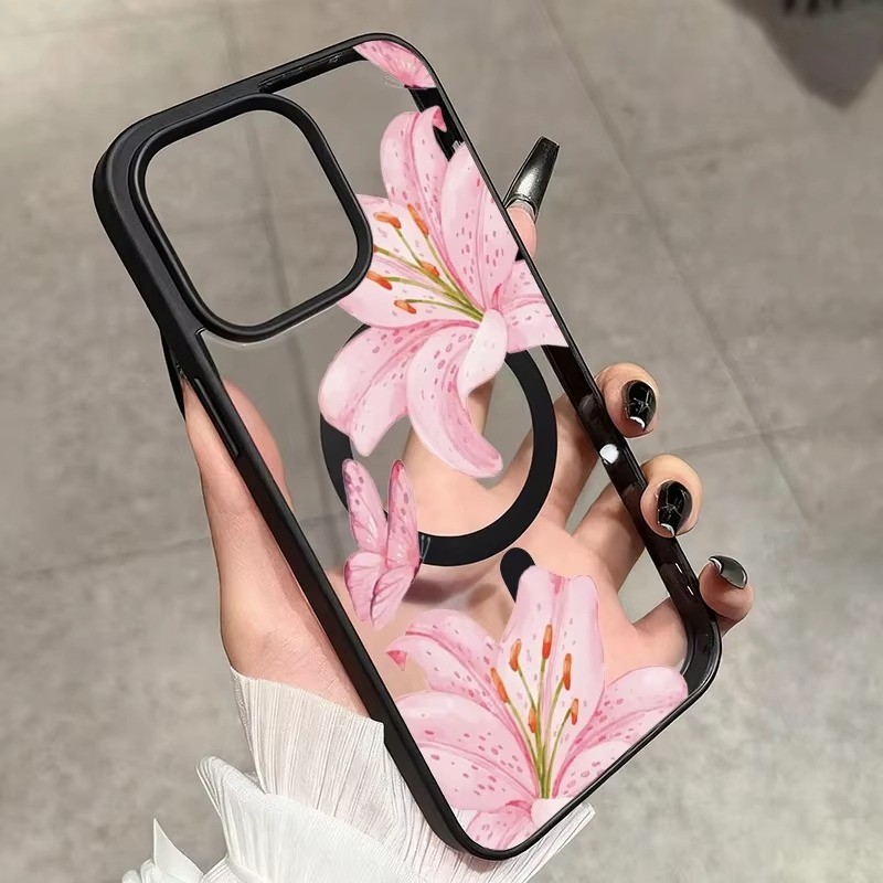 Dành Cho iPhone 16 15 11 12 13 14 Pro 17 Max 14 15 Plus 16e Ốp Lưng Hoa Lượn Màu Hồng Trong Suốt Từ Tính Cứng Điện Thoại Chống Sốc