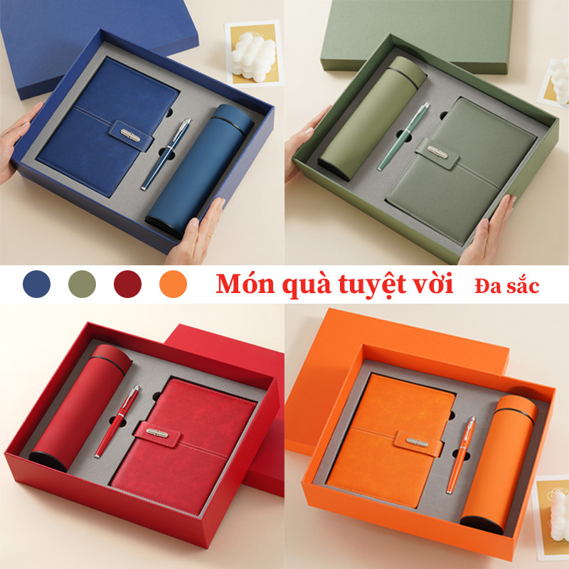 Set Quà Tặng Cao Cấp Sổ Da + Bút Ký + Bình Giữ Nhiệt Inox 304 - Hộp & Túi Sang Trọng, Quà tặng khách hàng, đối tác