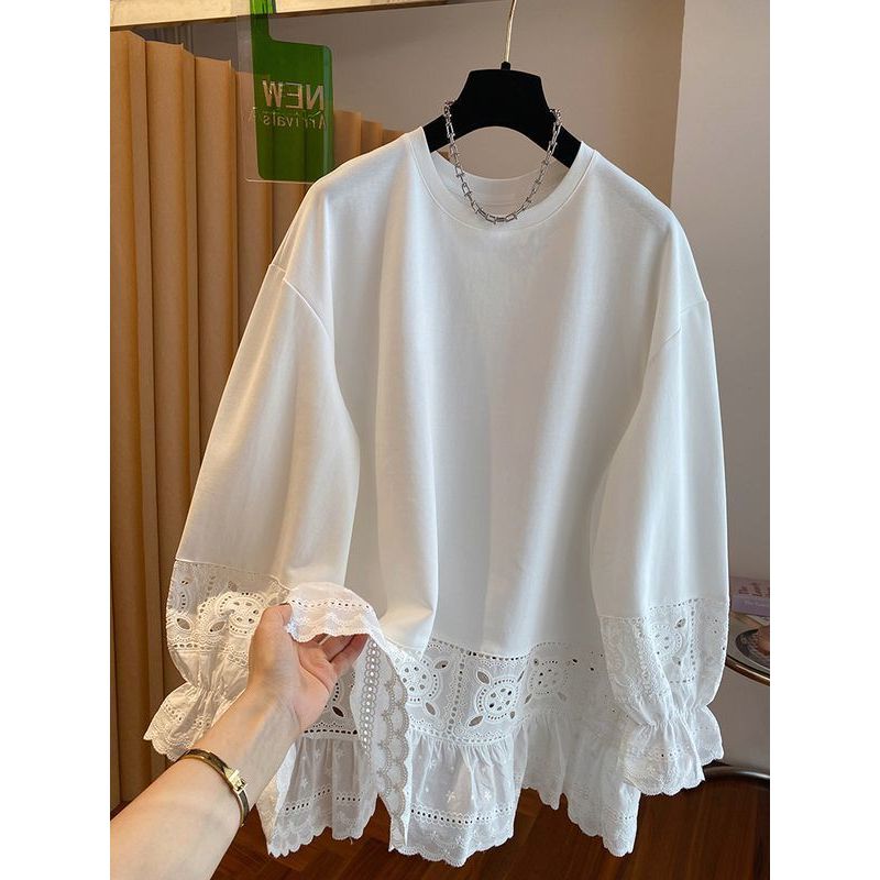 <![Little Cute Wear] Áo sơ mi ren móc màu trắng size lớn, phong cách mới với cổ tròn và đáy áo