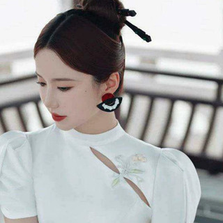 1 Cặp Bông Tai Quạt Retro Phong Cách Trung Quốc, Mặt Nhỏ Màu Đỏ và Đen