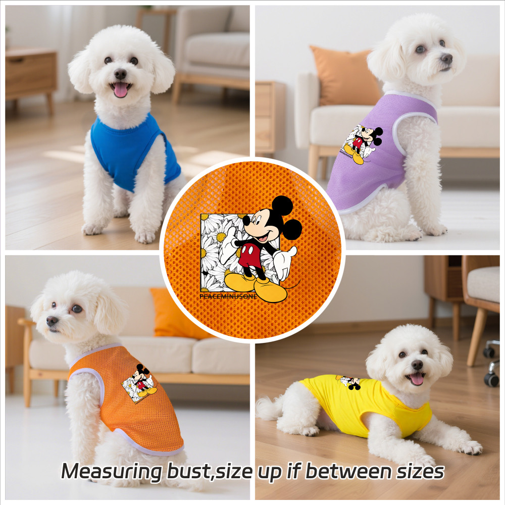 Áo vest thú cưng cỡ S-2XL, in hình chuột Mickey, có nhiều màu sắc và thoáng khí cho mùa hè, thích hợp cho cả sử dụng trong nhà và ngoài trời, và phù hợp với tất cả chó mèo nhỏ.