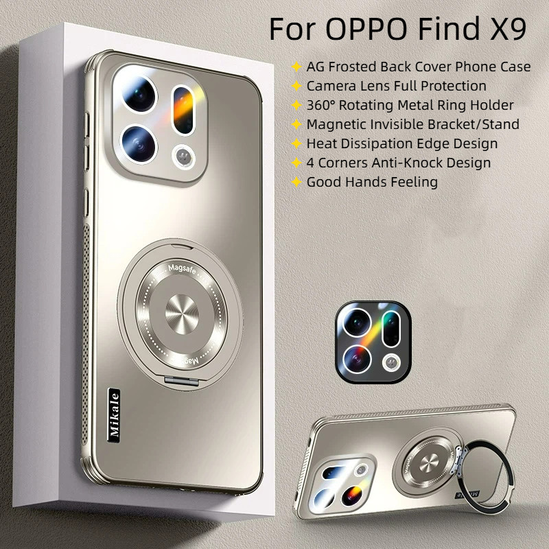 360° Xoay Vô Hình Giá Đỡ Kim Loại Từ Tính Giá Đỡ AG Mờ Vỏ Điện Thoại Cho OPPO Find X9 Pro X9 Ống Kính Máy Ảnh Bảo Vệ Toàn Diện Vỏ Cứng