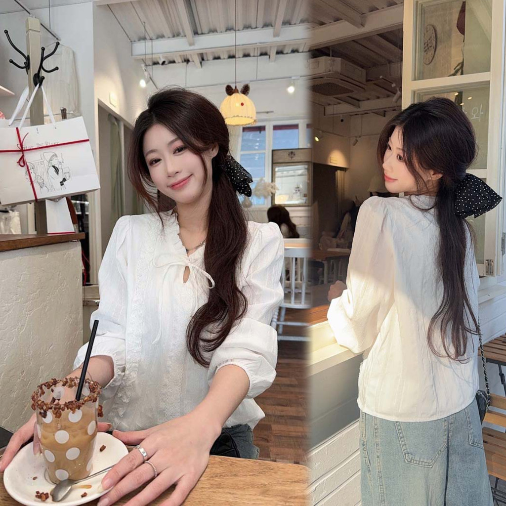 SUXI Áo sơ mi dài tay cổ ren giản dị nhẹ nhàng dành cho nữ 260123
