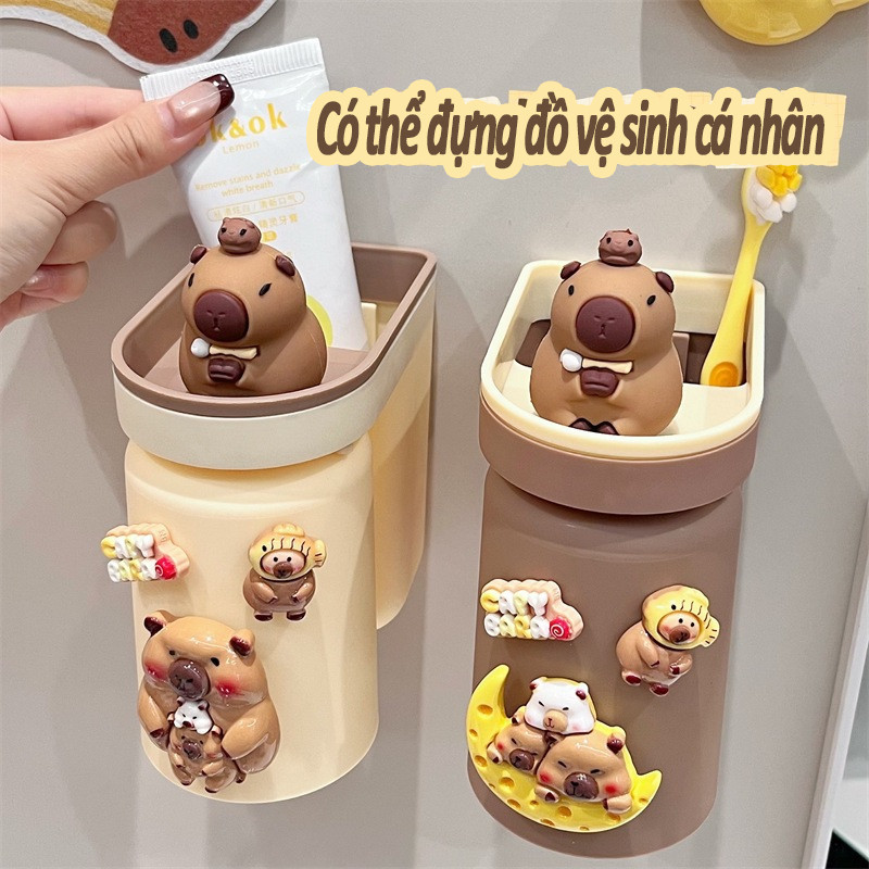 Cốc Đựng Nước & Giá Treo Bàn Chải 2in1 Hình Capybara Cho Cả Gia Đình, Không Cần Khoan, Sắp Xếp Phòng Tắm