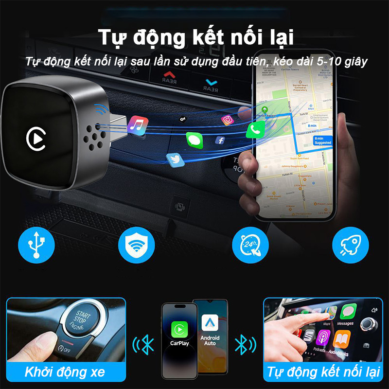 Bộ Chuyển Đổi CarPlay Android Auto Không Dây 2 Trong 1 Hộp Thông Minh Ô Tô CarPlay Android Auto Không Dây