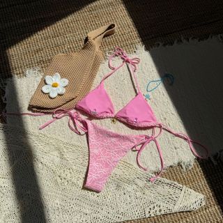 Đồ bơi nữ màu trơn Dây buộc hoa hai mảnh Bikini Đồ bơi